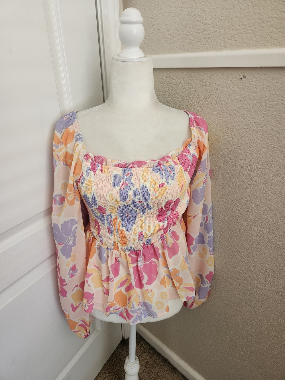 Pink Lily Pastel Floral Smocked Square-Neck Blouse - Pink Multi